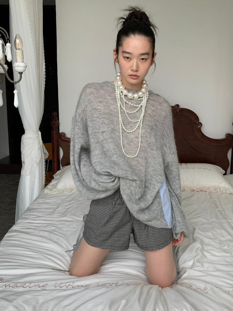 Lazy Mohair Striped Patchwork Dropped Shoulder Long Sleeve Knit Shirt 【s0000014253】