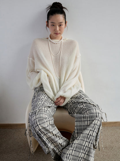 Lazy Mohair Striped Patchwork Dropped Shoulder Long Sleeve Knit Shirt 【s0000014253】