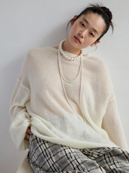Lazy Mohair Striped Patchwork Dropped Shoulder Long Sleeve Knit Shirt 【s0000014253】