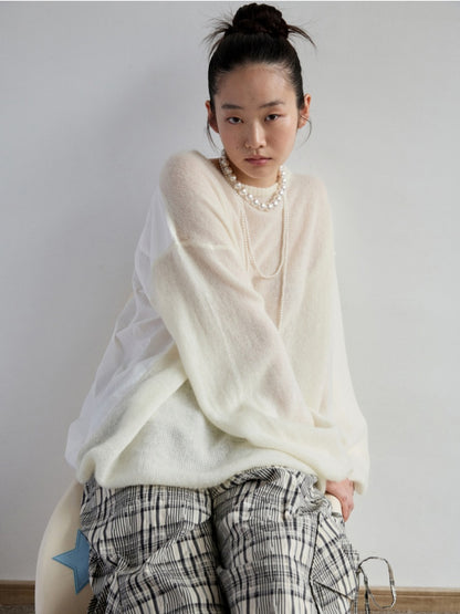 Lazy Mohair Striped Patchwork Dropped Shoulder Long Sleeve Knit Shirt 【s0000014253】