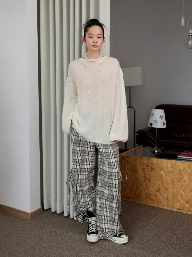 Lazy Mohair Striped Patchwork Dropped Shoulder Long Sleeve Knit Shirt 【s0000014253】