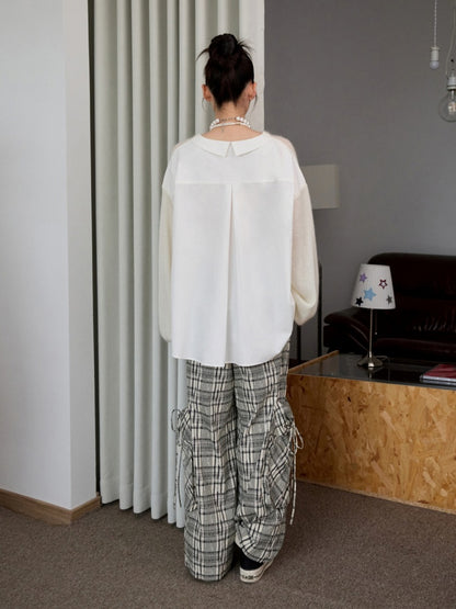 Lazy Mohair Striped Patchwork Dropped Shoulder Long Sleeve Knit Shirt 【s0000014253】