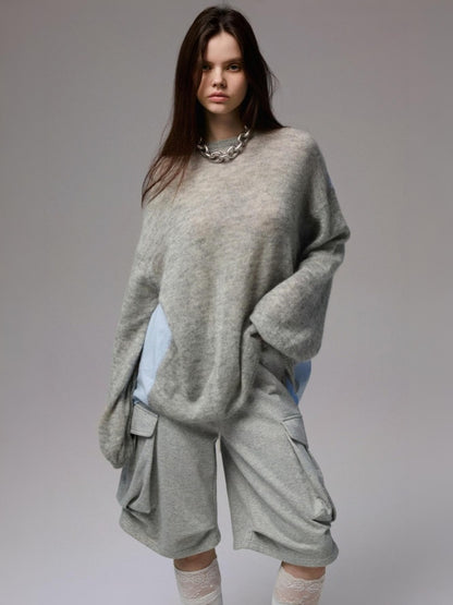 Lazy Mohair Striped Patchwork Dropped Shoulder Long Sleeve Knit Shirt 【s0000014253】