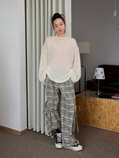 Lazy Mohair Striped Patchwork Dropped Shoulder Long Sleeve Knit Shirt 【s0000014253】