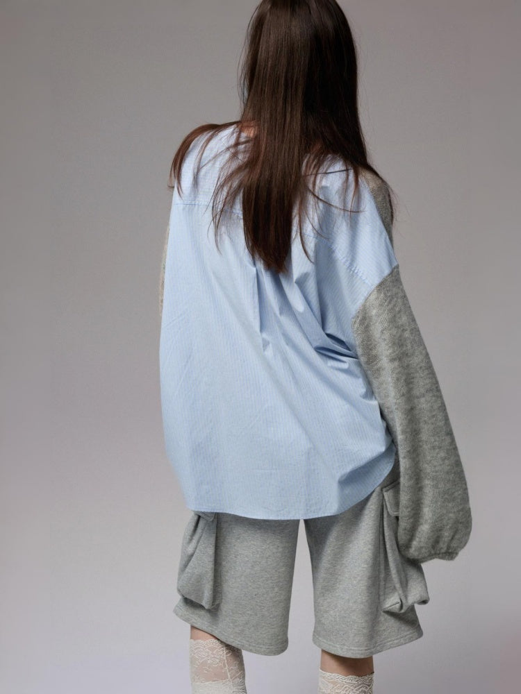 Lazy Mohair Striped Patchwork Dropped Shoulder Long Sleeve Knit Shirt 【s0000014253】