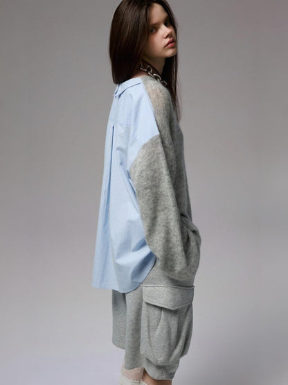 Lazy Mohair Striped Patchwork Dropped Shoulder Long Sleeve Knit Shirt 【s0000014253】