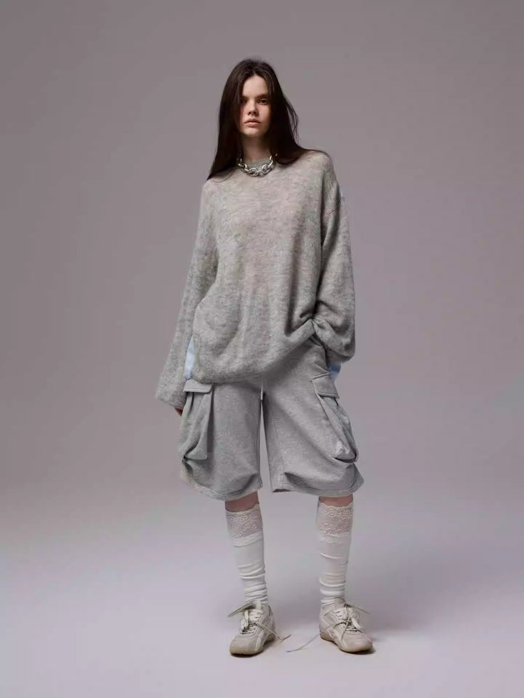 Lazy Mohair Striped Patchwork Dropped Shoulder Long Sleeve Knit Shirt 【s0000014253】