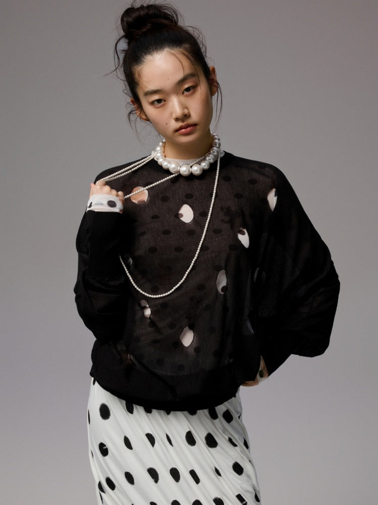 Polka Dot Cut-Out Bat Sleeve Bud Knitted Blouse【s0000014254】