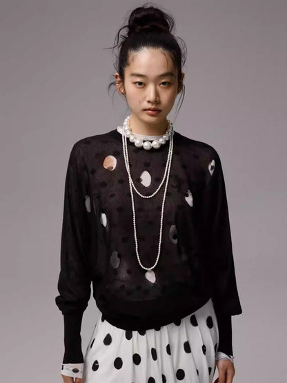 Polka Dot Cut-Out Bat Sleeve Bud Knitted Blouse【s0000014254】