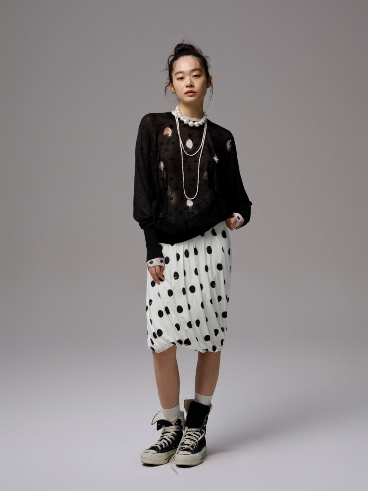 Polka Dot Cut-Out Bat Sleeve Bud Knitted Blouse【s0000014254】