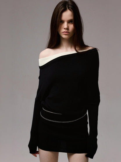 Faux Layered Slanted Shoulder Contrast Knit Versatile Waist Hip Skirt Dress【s0000014255】