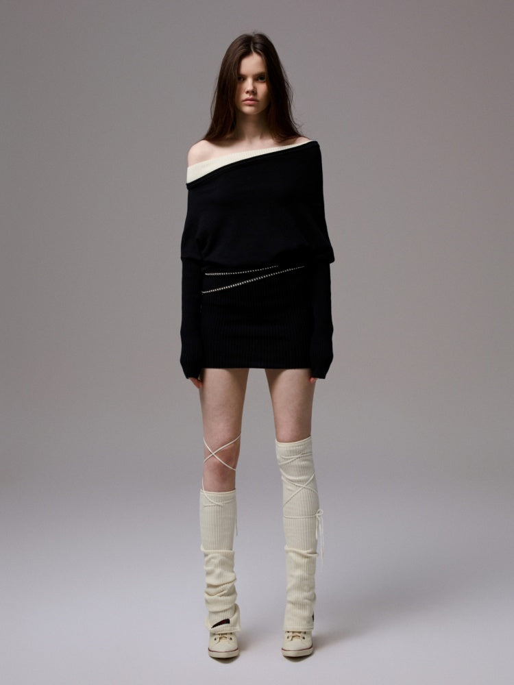 Faux Layered Slanted Shoulder Contrast Knit Versatile Waist Hip Skirt Dress【s0000014255】
