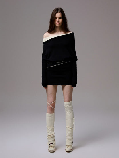 Faux Layered Slanted Shoulder Contrast Knit Versatile Waist Hip Skirt Dress【s0000014255】