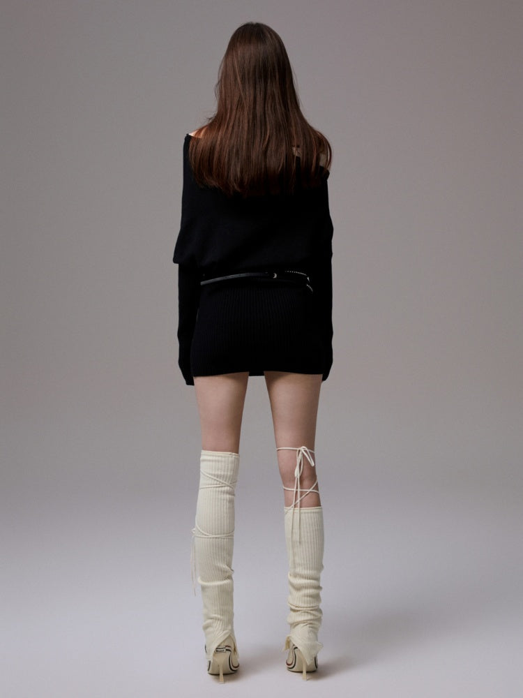 Faux Layered Slanted Shoulder Contrast Knit Versatile Waist Hip Skirt Dress【s0000014255】