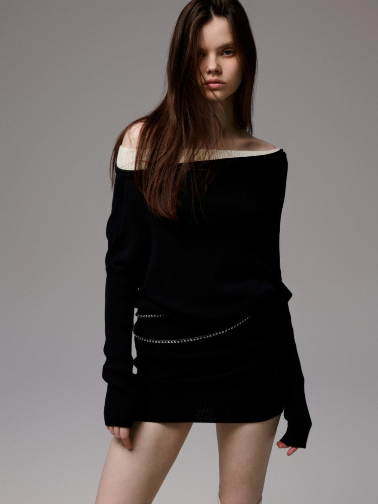 Faux Layered Slanted Shoulder Contrast Knit Versatile Waist Hip Skirt Dress【s0000014255】