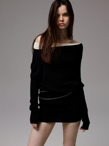 Faux Layered Slanted Shoulder Contrast Knit Versatile Waist Hip Skirt Dress【s0000014255】
