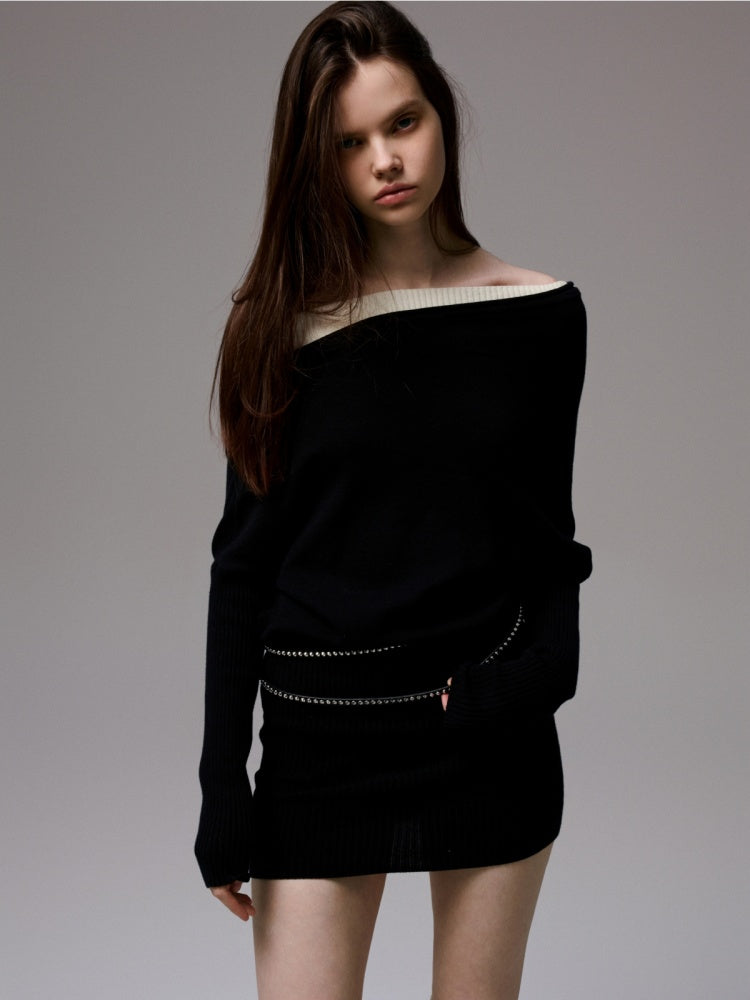 Faux Layered Slanted Shoulder Contrast Knit Versatile Waist Hip Skirt Dress【s0000014255】