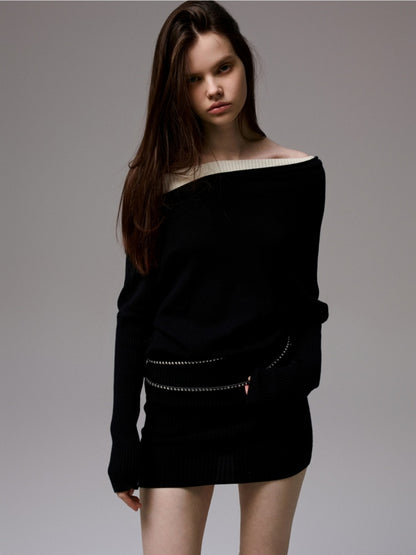 Faux Layered Slanted Shoulder Contrast Knit Versatile Waist Hip Skirt Dress【s0000014255】