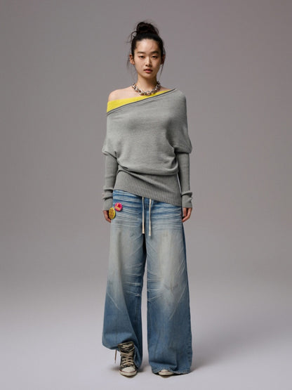 Faux Layered Slanted Shoulder Contrast Knit Versatile Waist Hip Skirt Dress【s0000014255】