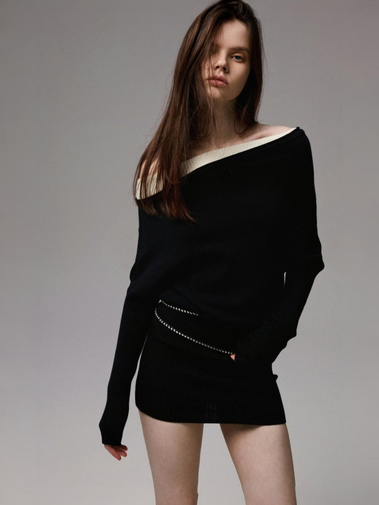 Faux Layered Slanted Shoulder Contrast Knit Versatile Waist Hip Skirt Dress【s0000014255】