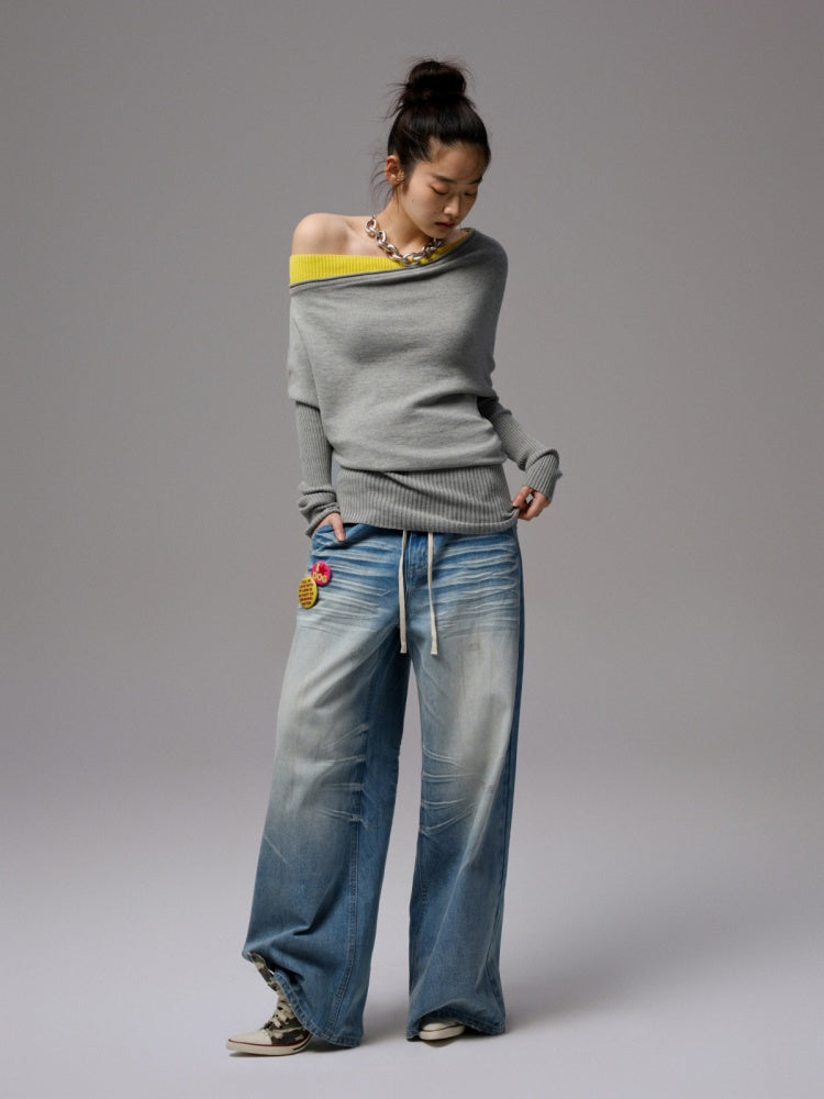 Faux Layered Slanted Shoulder Contrast Knit Versatile Waist Hip Skirt Dress【s0000014255】