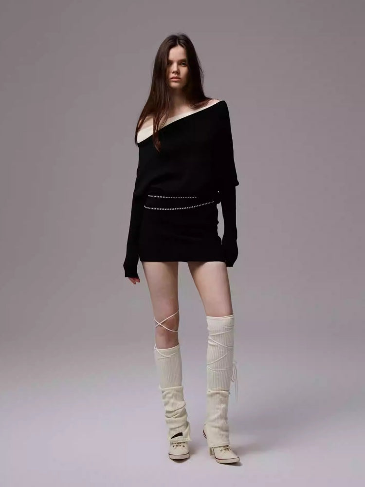Faux Layered Slanted Shoulder Contrast Knit Versatile Waist Hip Skirt Dress【s0000014255】