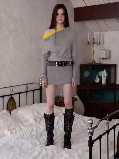 Faux Layered Slanted Shoulder Contrast Knit Versatile Waist Hip Skirt Dress【s0000014255】