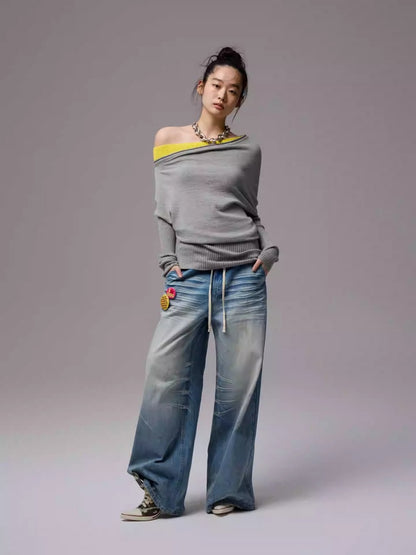 Faux Layered Slanted Shoulder Contrast Knit Versatile Waist Hip Skirt Dress【s0000014255】