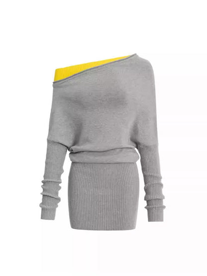 Faux Layered Slanted Shoulder Contrast Knit Versatile Waist Hip Skirt Dress【s0000014255】