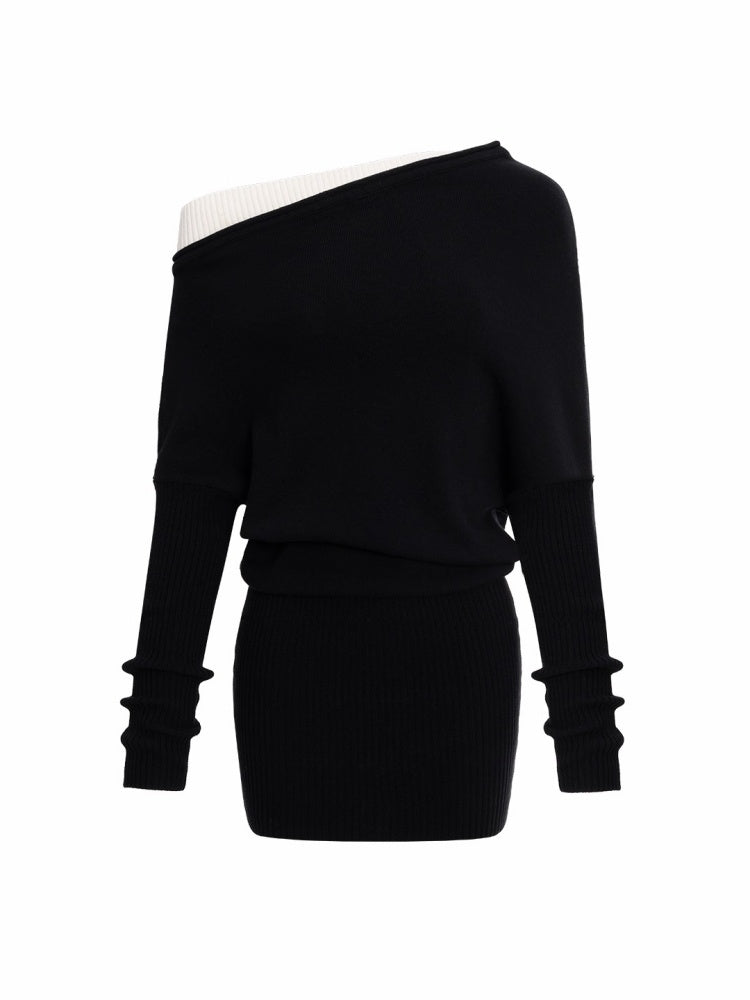 Faux Layered Slanted Shoulder Contrast Knit Versatile Waist Hip Skirt Dress【s0000014255】