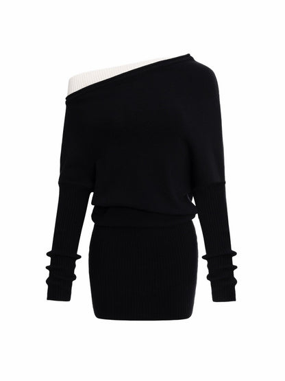Faux Layered Slanted Shoulder Contrast Knit Versatile Waist Hip Skirt Dress【s0000014255】