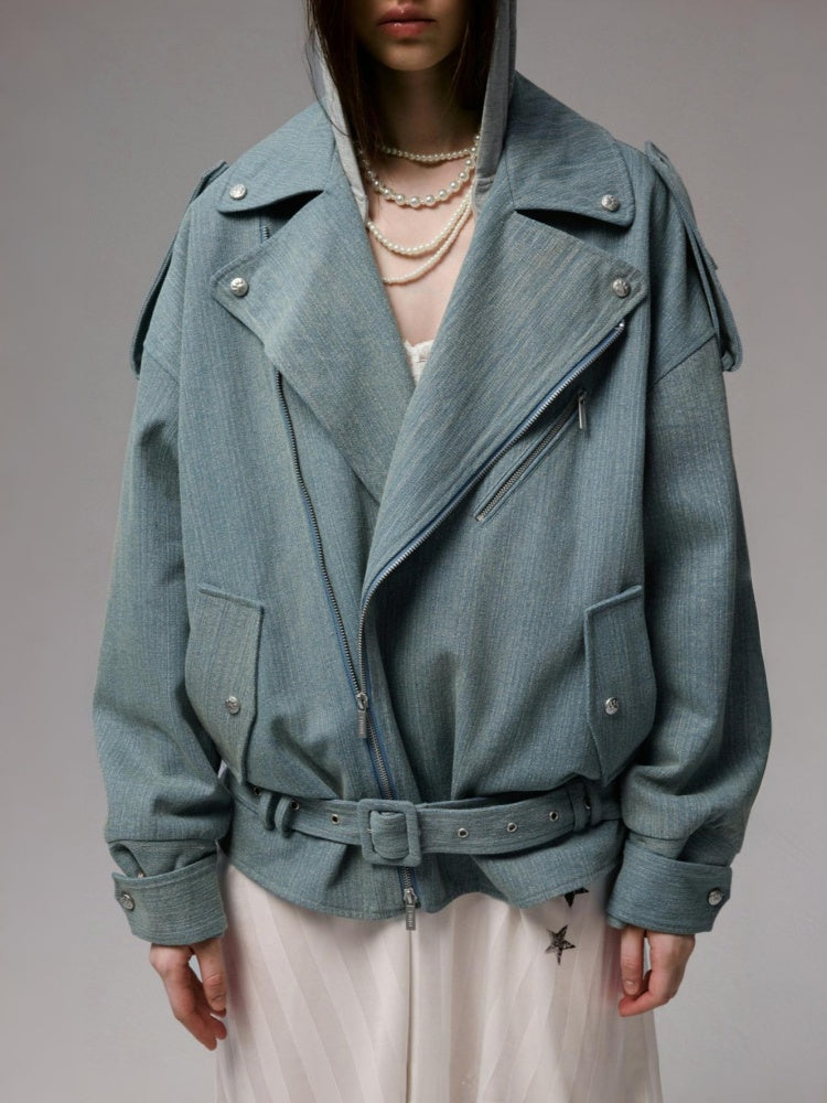 Vintage Washed Canvas Denim Dropped Shoulder Loose Fit Slimming Biker Jacket【s0000014256】