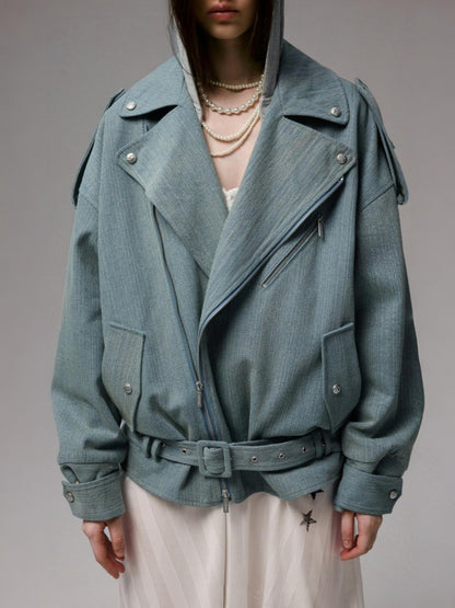 Vintage Washed Canvas Denim Dropped Shoulder Loose Fit Slimming Biker Jacket【s0000014256】