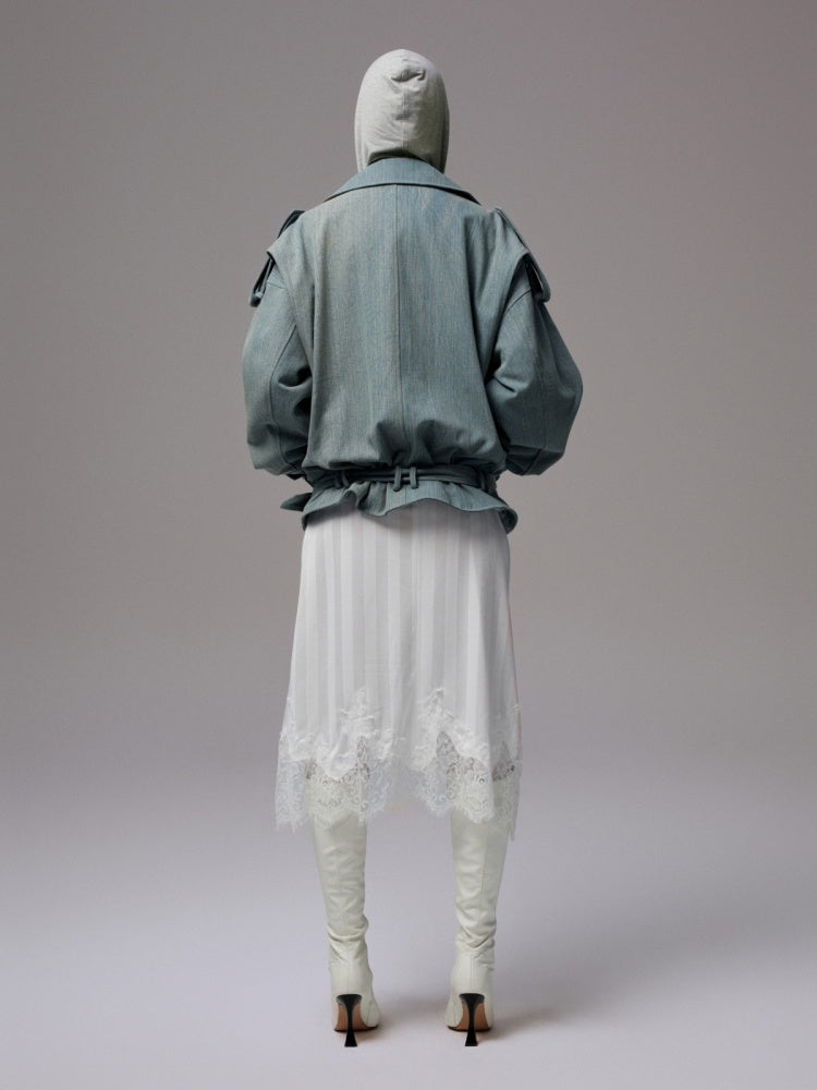 Vintage Washed Canvas Denim Dropped Shoulder Loose Fit Slimming Biker Jacket【s0000014256】