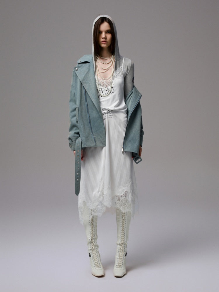 Vintage Washed Canvas Denim Dropped Shoulder Loose Fit Slimming Biker Jacket【s0000014256】