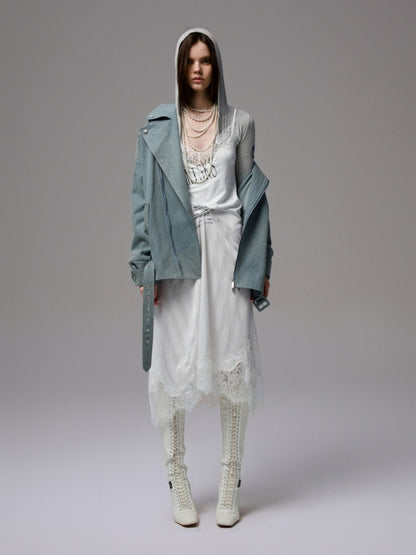 Vintage Washed Canvas Denim Dropped Shoulder Loose Fit Slimming Biker Jacket【s0000014256】