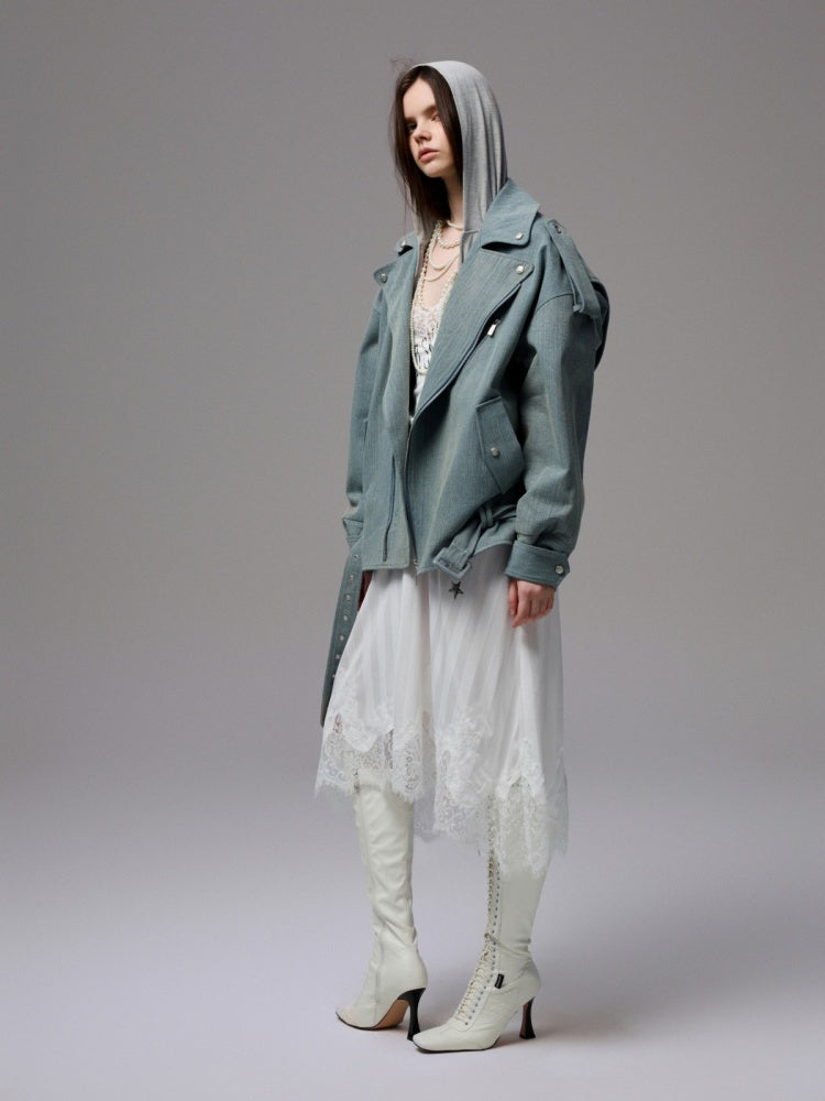 Vintage Washed Canvas Denim Dropped Shoulder Loose Fit Slimming Biker Jacket【s0000014256】