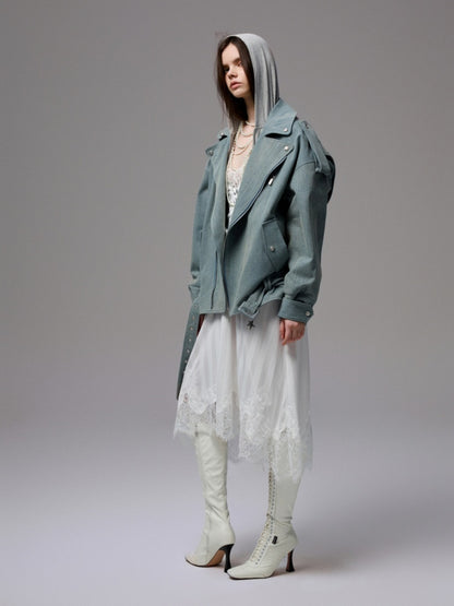 Vintage Washed Canvas Denim Dropped Shoulder Loose Fit Slimming Biker Jacket【s0000014256】
