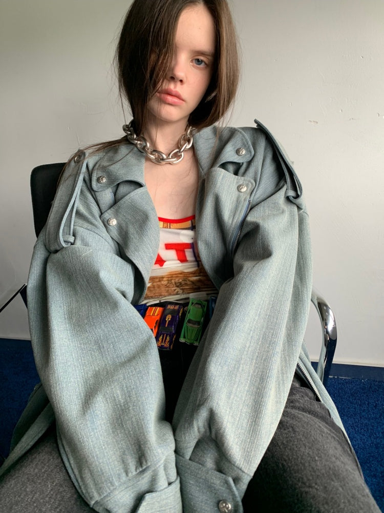 Vintage Washed Canvas Denim Dropped Shoulder Loose Fit Slimming Biker Jacket【s0000014256】