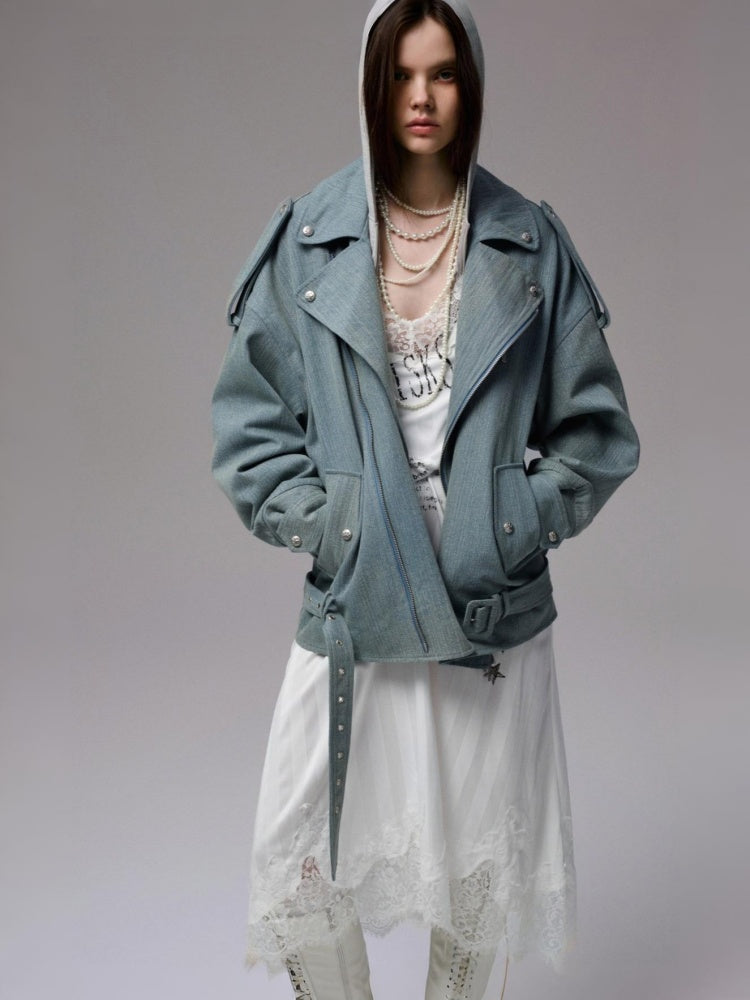 Vintage Washed Canvas Denim Dropped Shoulder Loose Fit Slimming Biker Jacket【s0000014256】