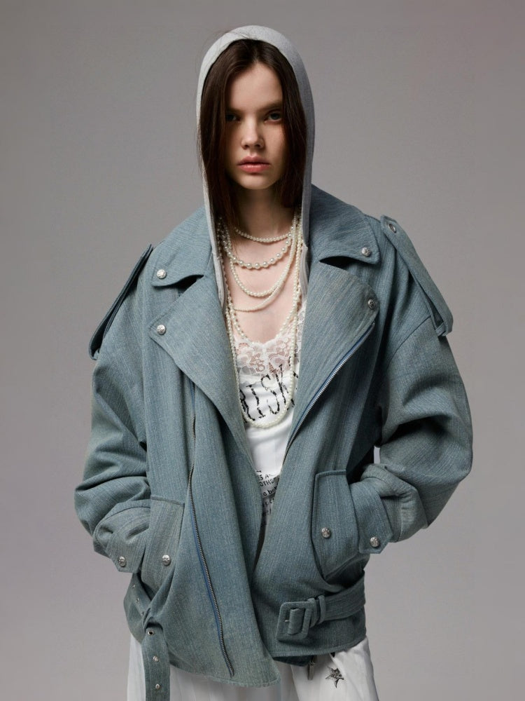 Vintage Washed Canvas Denim Dropped Shoulder Loose Fit Slimming Biker Jacket【s0000014256】