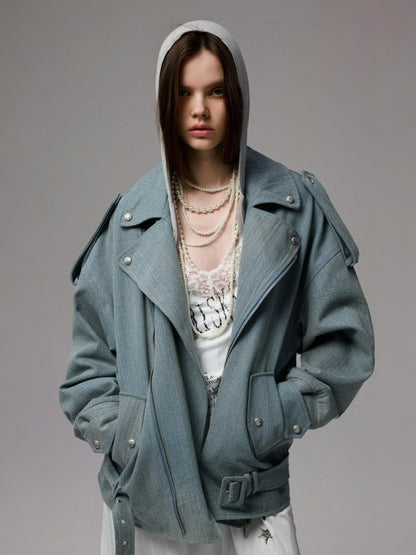 Vintage Washed Canvas Denim Dropped Shoulder Loose Fit Slimming Biker Jacket【s0000014256】