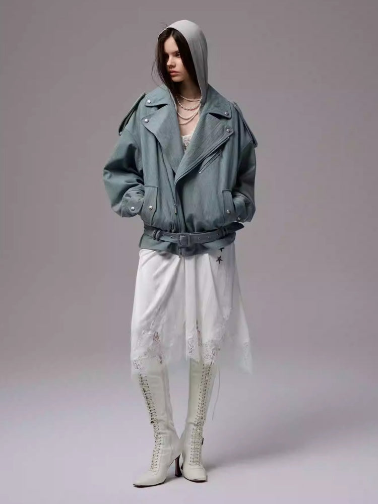 Vintage Washed Canvas Denim Dropped Shoulder Loose Fit Slimming Biker Jacket【s0000014256】