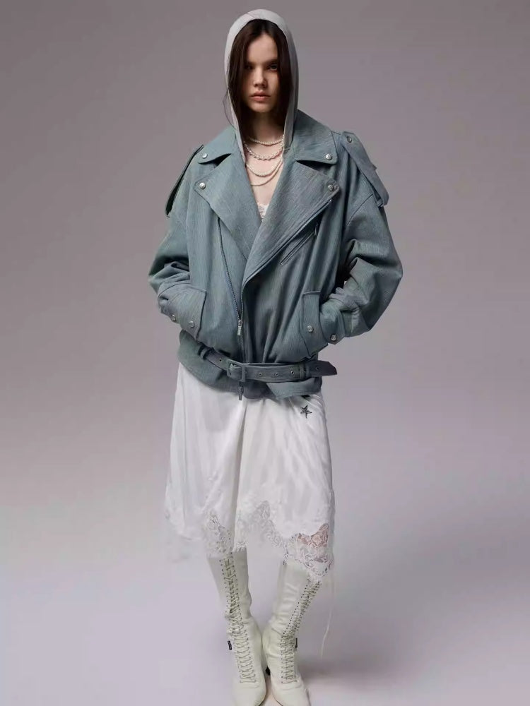 Vintage Washed Canvas Denim Dropped Shoulder Loose Fit Slimming Biker Jacket【s0000014256】