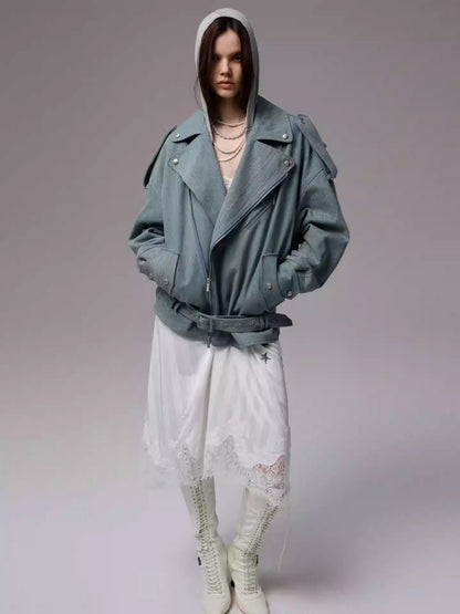 Vintage Washed Canvas Denim Dropped Shoulder Loose Fit Slimming Biker Jacket【s0000014256】
