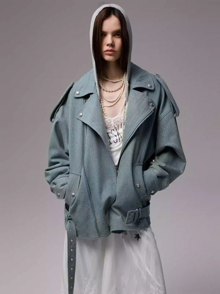 Vintage Washed Canvas Denim Dropped Shoulder Loose Fit Slimming Biker Jacket【s0000014256】
