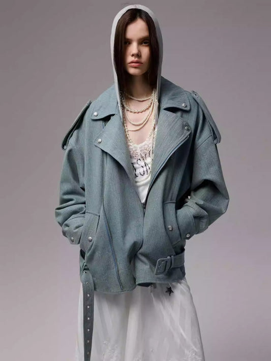 Vintage Washed Canvas Denim Dropped Shoulder Loose Fit Slimming Biker Jacket【s0000014256】