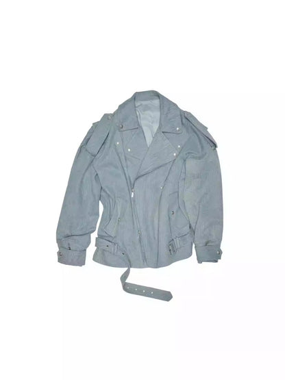 Vintage Washed Canvas Denim Dropped Shoulder Loose Fit Slimming Biker Jacket【s0000014256】