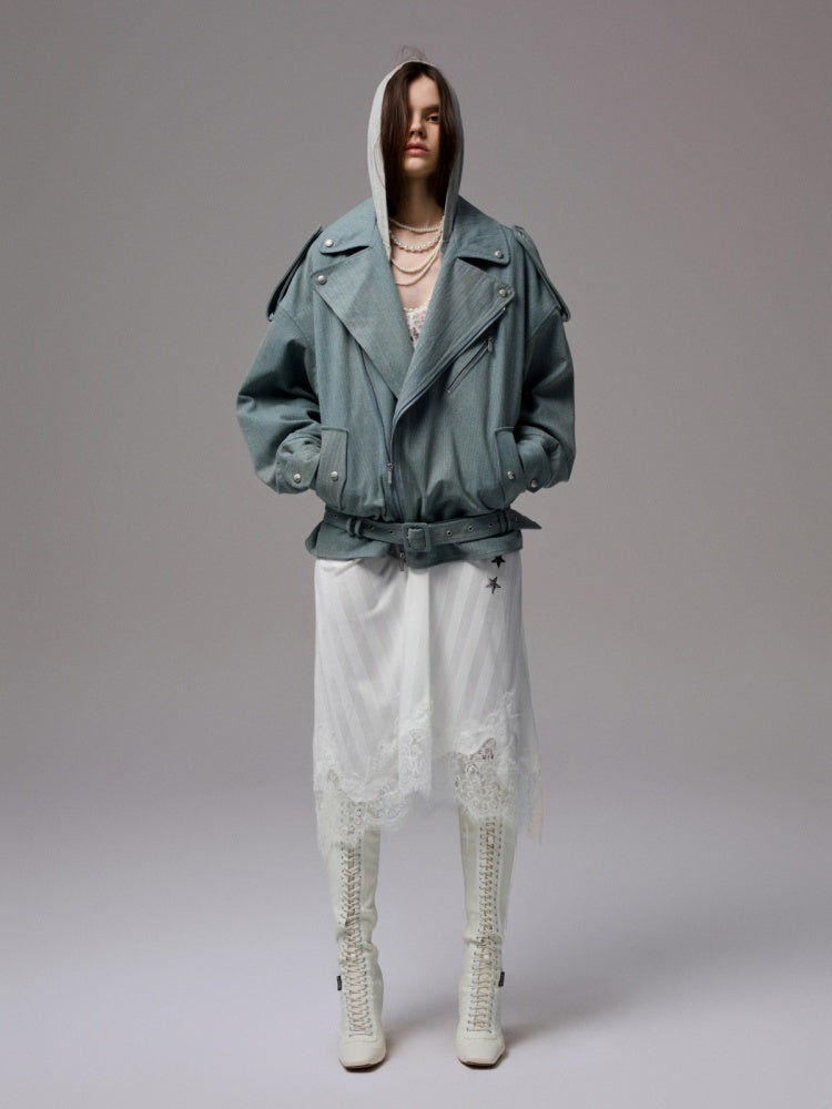 Vintage Washed Canvas Denim Dropped Shoulder Loose Fit Slimming Biker Jacket【s0000014256】