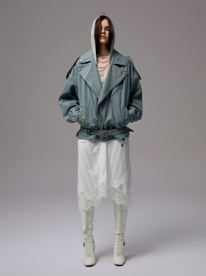 Vintage Washed Canvas Denim Dropped Shoulder Loose Fit Slimming Biker Jacket【s0000014256】